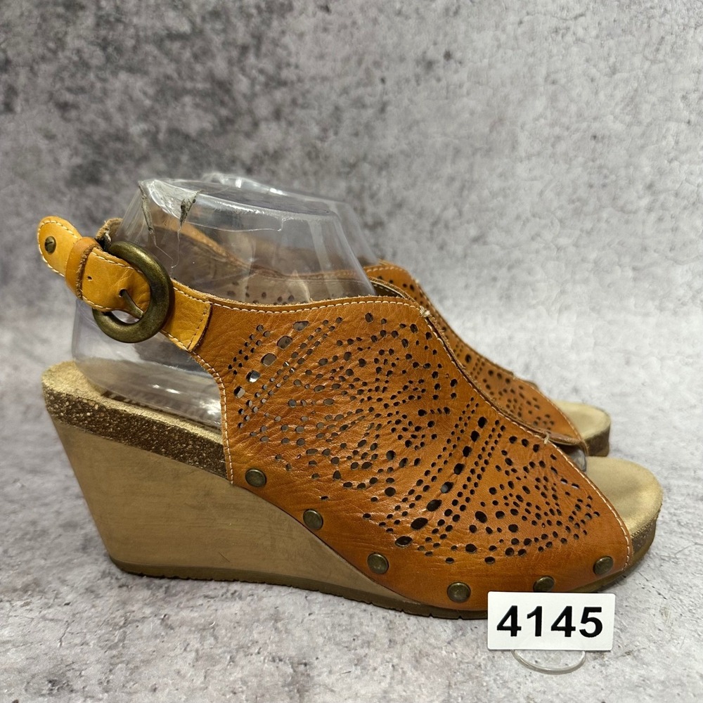 Pikolinos Benissa Wedge Sandals Women 40 US 9.5 Tan Leather Perforated Slingback